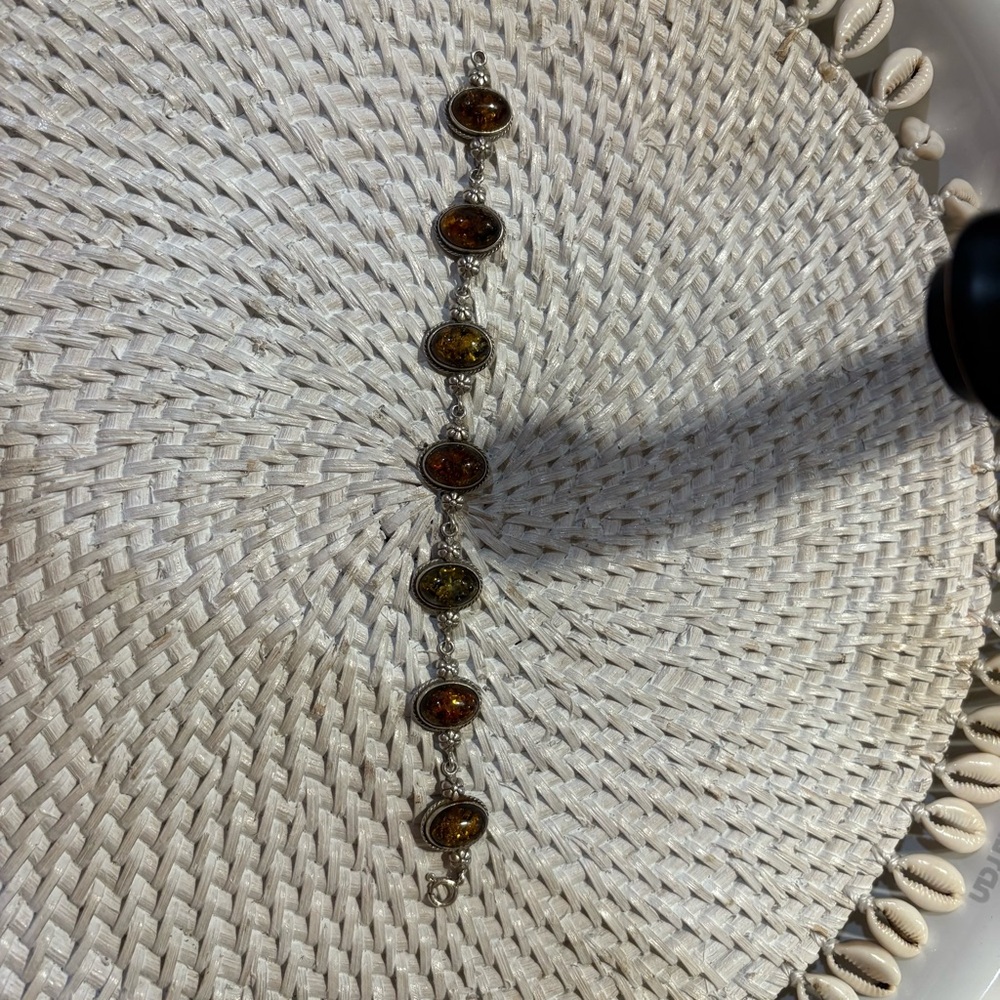 Sterling Silver Amber Link Bracelet - Brown and Green Stones
